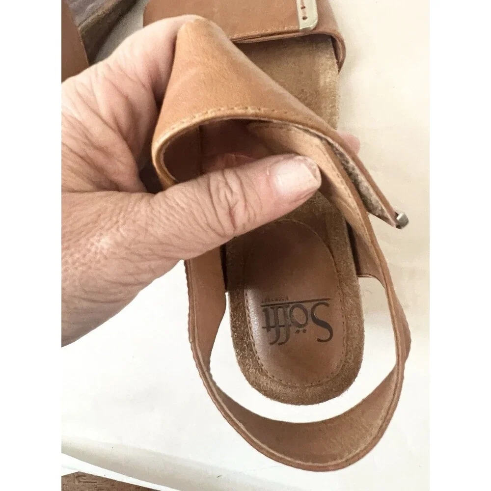 Womens Brown Luggage Sofft Verdi II Sandals 9.5 Tan Wedge Hook Loop Comfort